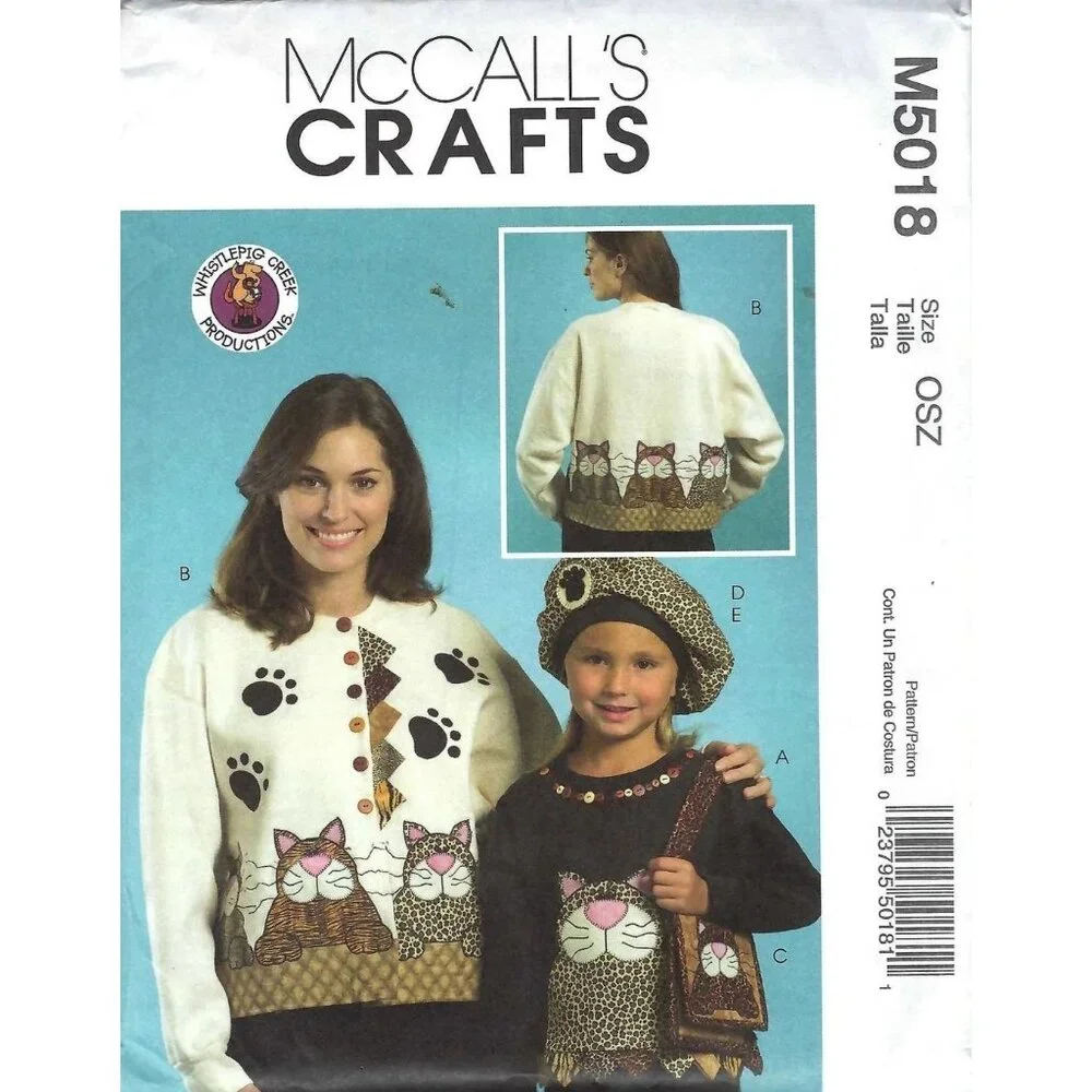 McCalls Sewing Pattern 5018 Kitty Appliques Beret Purse‎ and Pin